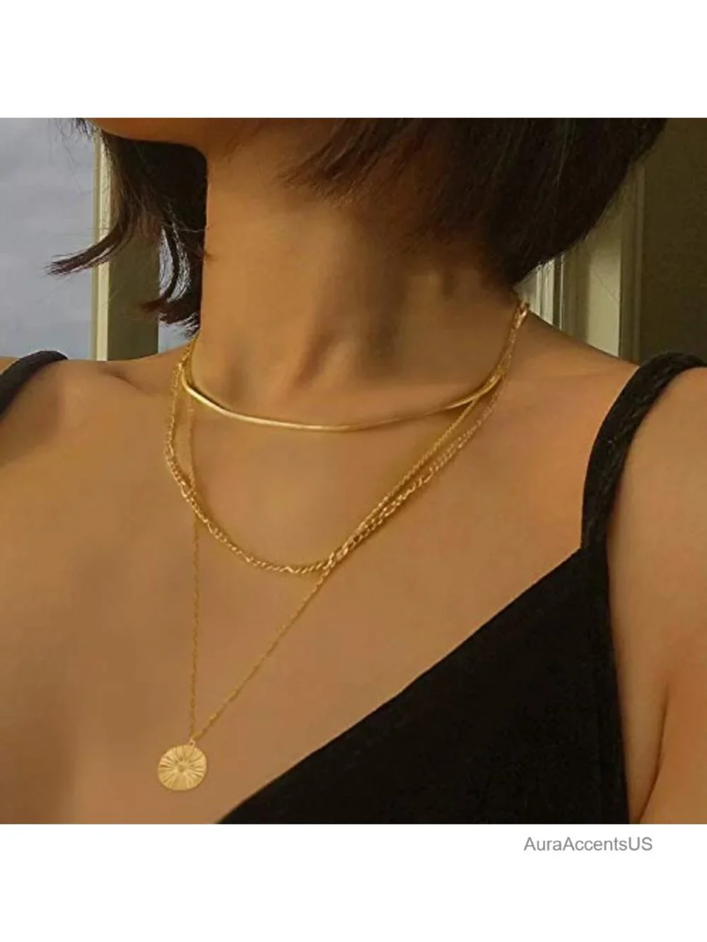14k Gold Plated Layered Choker Necklace Women Figaro Chain Sunburst Pendant